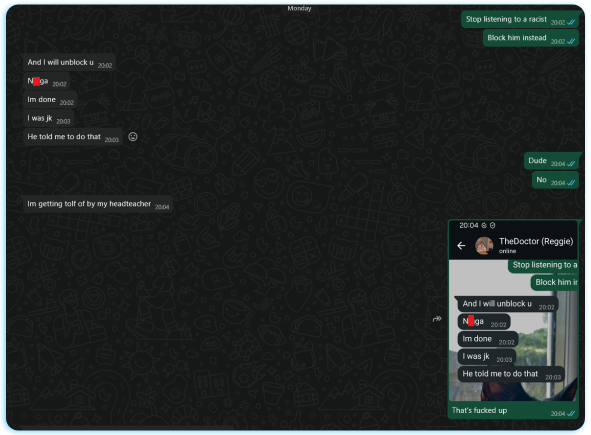 Reggie Ray / TheDoctor being "peer pressured" into saying the N word and blocking our founder on WhatsApp.
